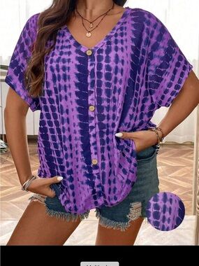V-Neck Purple Tie-Dye Button Front Women’s Top